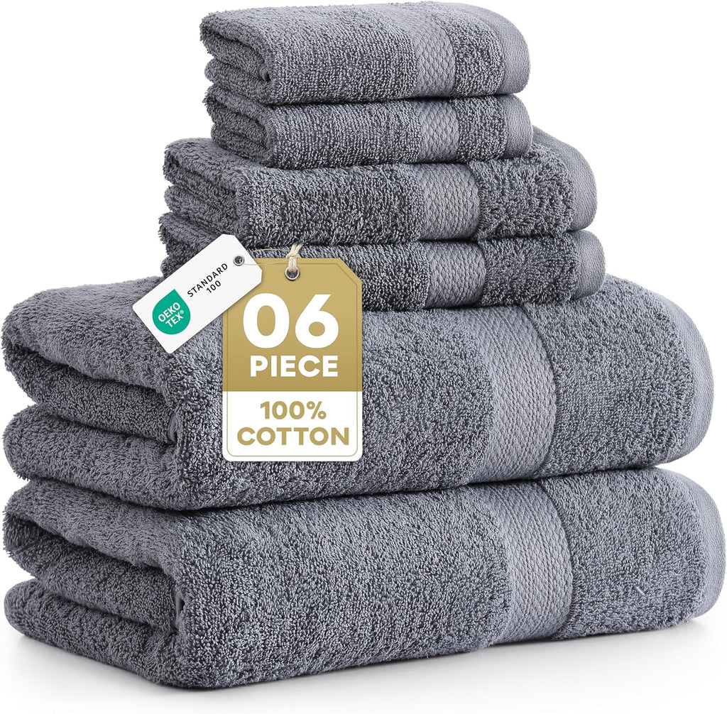 LANE LINEN 100% Cotton Bath Towel Set - 6 Pieces - Softer, Durable & Highly Absorbent - 2 Bath, 2 Wash cloths, 2 Hand Towels for Bathroom - Family Set, Premium Quality & OEKO-TEX Certified - Cool Grey