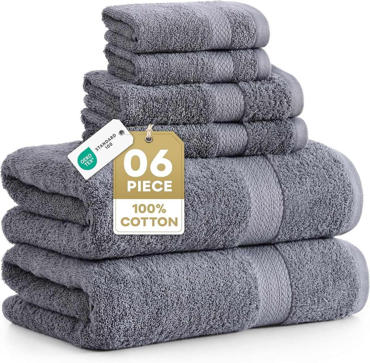 LANE LINEN 100% Cotton Bath Towel Set - 6 Pieces - Softer, Durable & Highly Absorbent - 2 Bath, 2 Wash cloths, 2 Hand Towels for Bathroom - Family Set, Premium Quality & OEKO-TEX Certified - Cool Grey