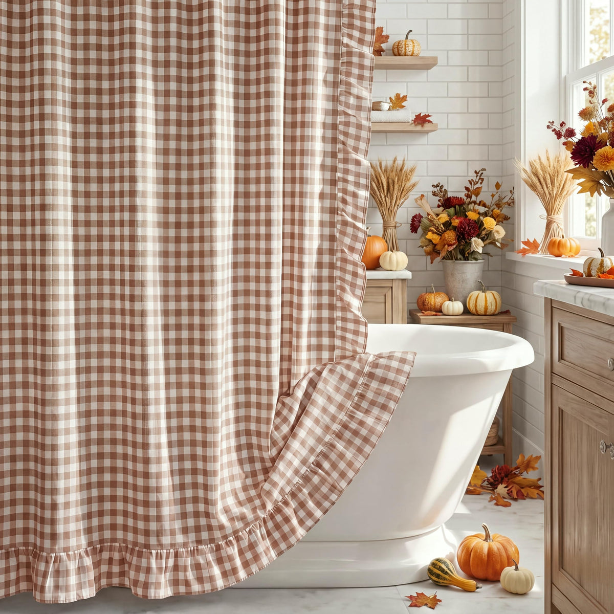 HunnmingRe Ruffled Gingham Shower Curtain Red