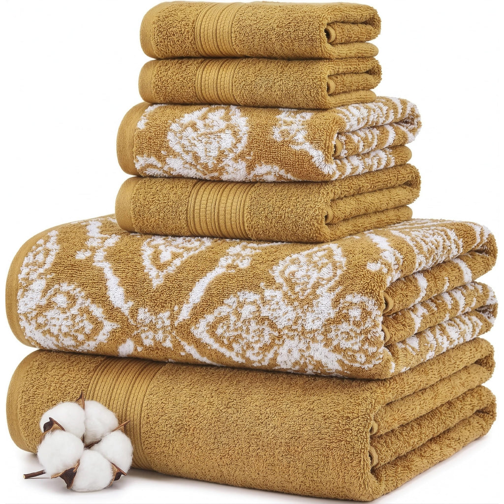 Modern Threads Capri 6-Piece Reversible Yarn Dyed Jacquard Towel Set - Bath Towels, Hand Towels, & Washcloths - Super Absorbent & Quick Dry - 100% Combed Cotton, Gold