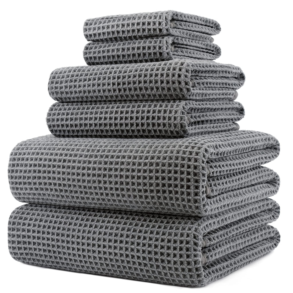 POLYTE 430 GSM Poly Blend Microfiber Quick Dry Waffle Bath Towel Set of 6
