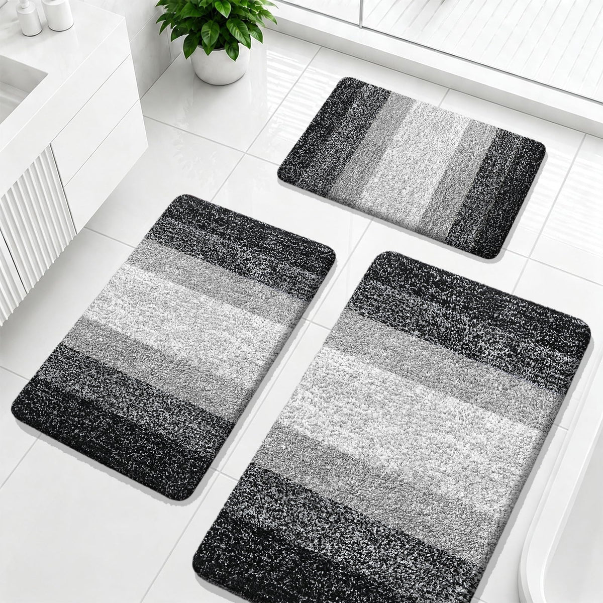 OLANLY Microfiber Bathroom Rugs Sets 3 Piece, Absorbent Bath Mats, Grey