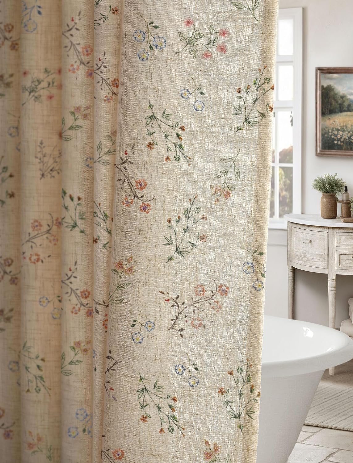 Floral Farmhouse Vintage Linen Shower Curtain French Country Decor 72Wx72H