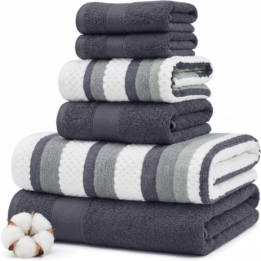 Modern Threads 6 Piece Bath Towel Set – Bathroom Towel Set with 2 Bath Towels, 2 Hand Towels & 2 Washcloths – 100% Cotton, Soft & Absorbent – Classic Border Stripe (Green)