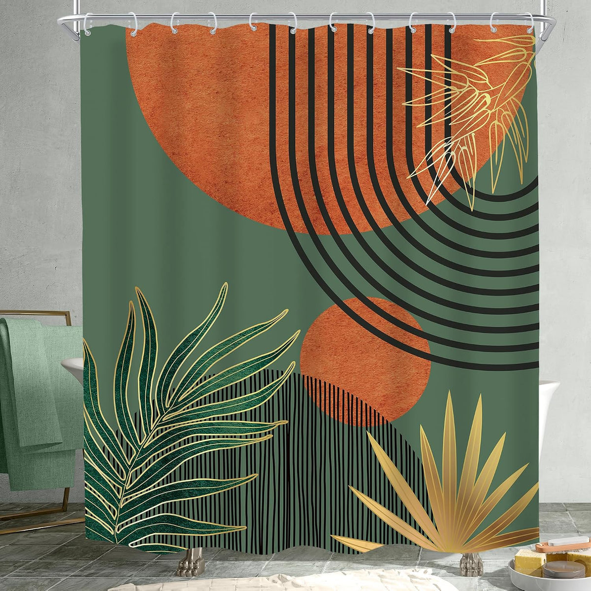 Mid Century Green Orange Boho Abstract Modern Bathroom Shower Curtain Set