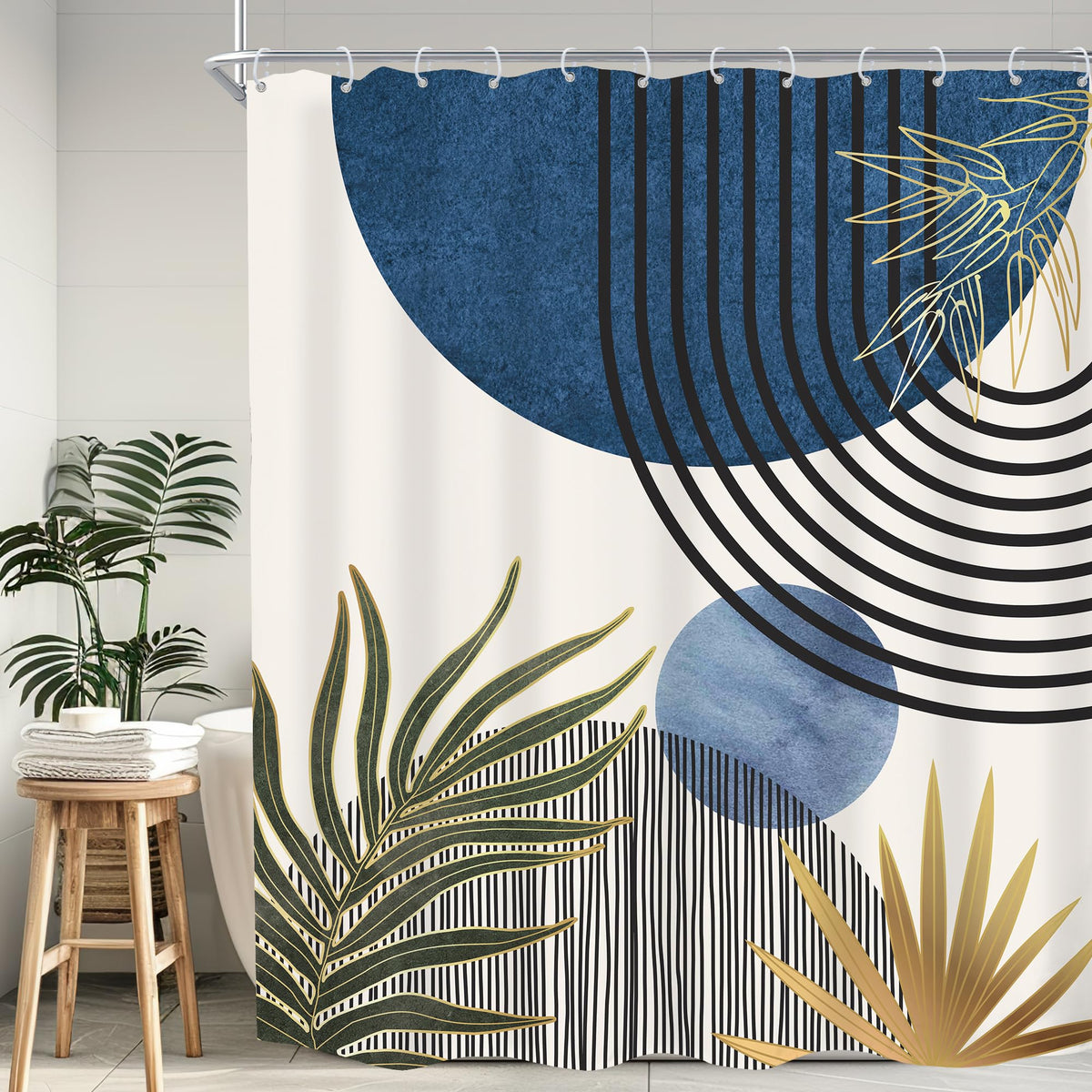 Mid Century Green Orange Boho Abstract Modern Bathroom Shower Curtain Set