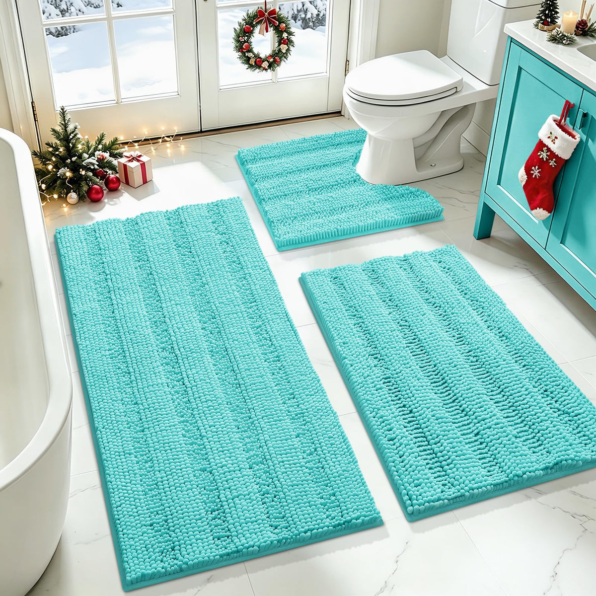 ACCUMTEK Striped Navy Blue Bathroom Rug Set 3 Pieces Ultra Soft, Non Slip Chenille Toilet Mat, Absorbent Plush Shaggy Bath Mats for Bathroom, Bedroom, Kitchen
