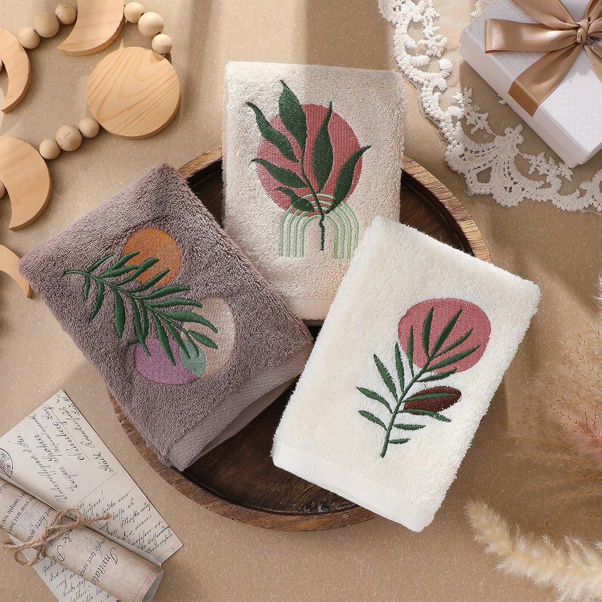 Hahafelt 3 Pack Boho Leaves Hand Towels for Bathroom, 100% Cotton