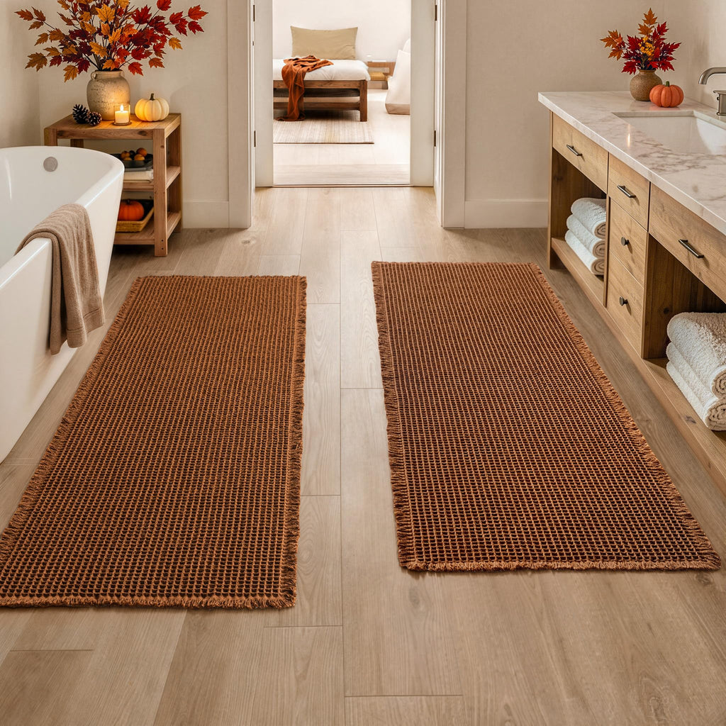 MIULEE Set of 2 Waffle Bathroom Rugs Boho Bath Mat Brown 18x30 Inch