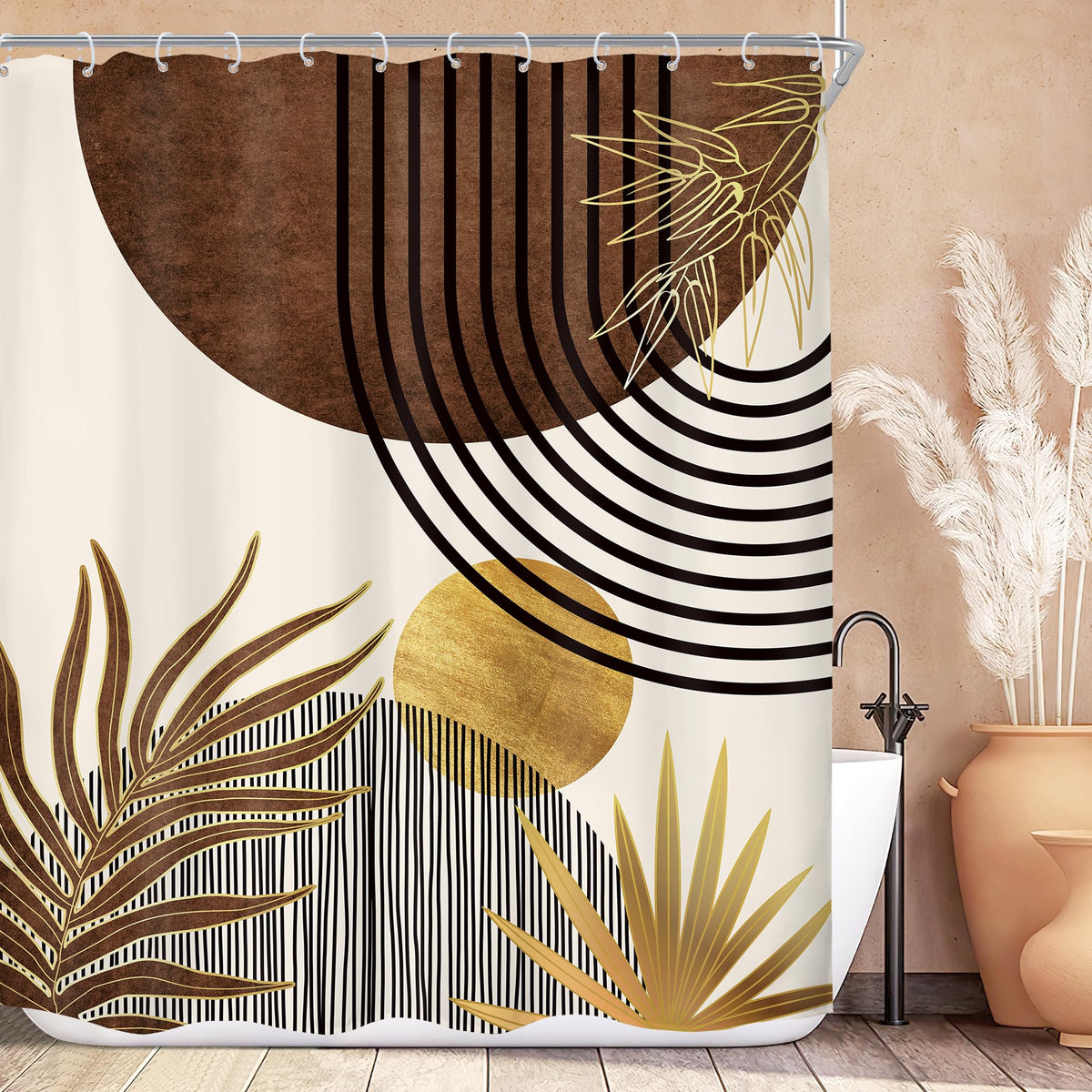 Mid Century Green Orange Boho Abstract Modern Bathroom Shower Curtain Set