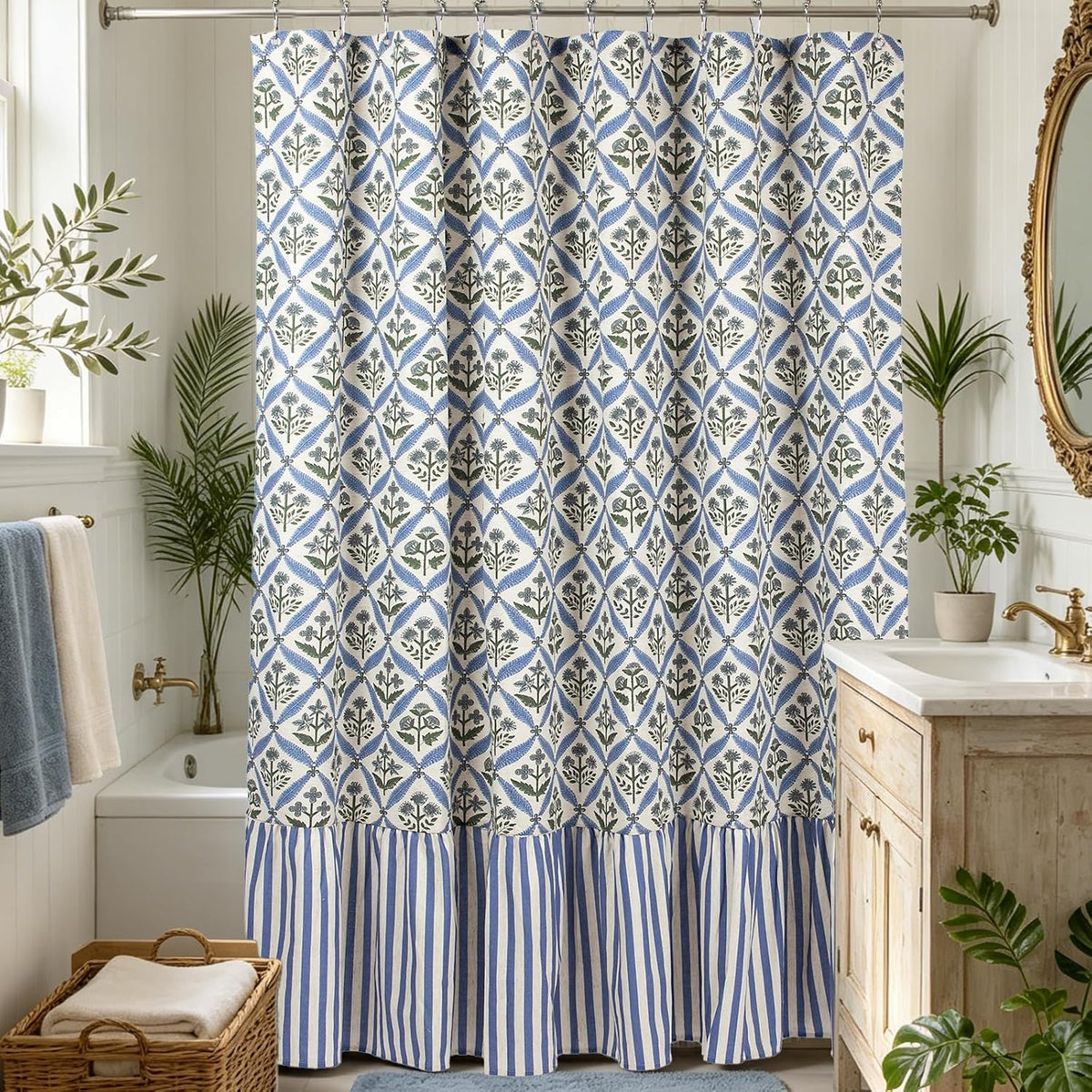Linen Textured Ruffle Shower Curtain - Blue Vintage Floral Block Print, Boho Cottagecore Farmhouse French Country Bathroom Decor Set, 72x72 Inches