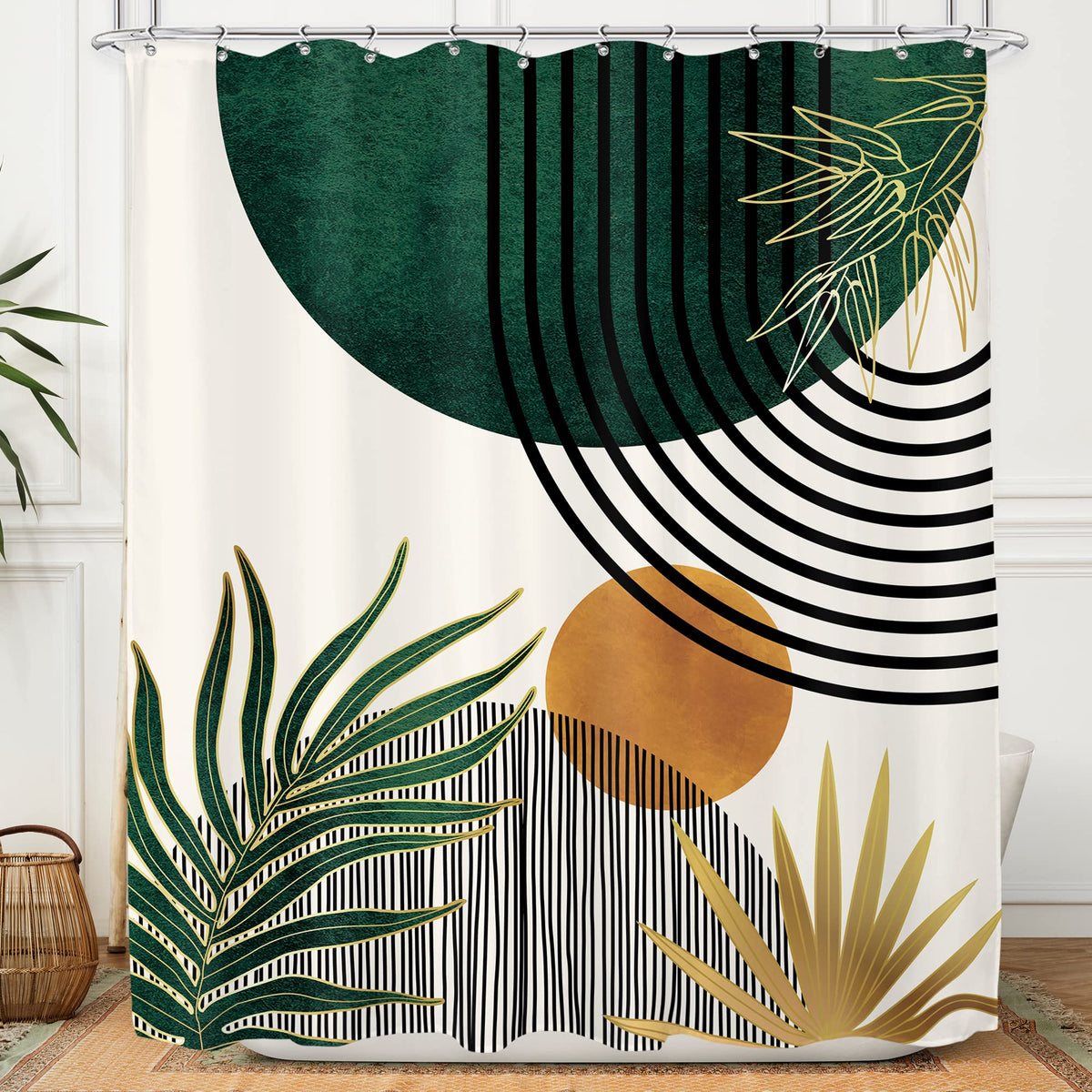 Mid Century Green Orange Boho Abstract Modern Bathroom Shower Curtain Set