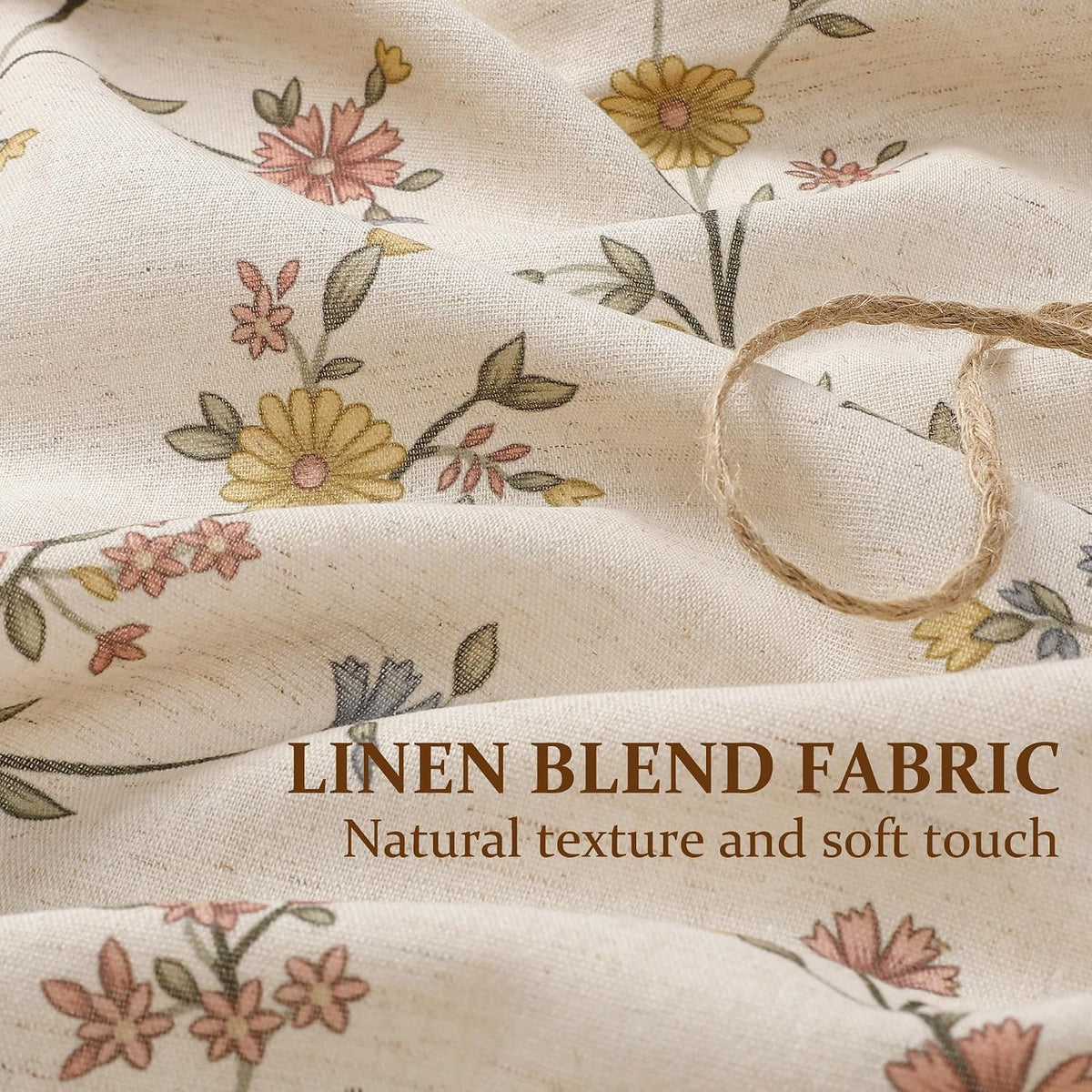 Colorful Star Yellow Floral Linen Shower Curtain Cottagecore, 72" W x 72" L