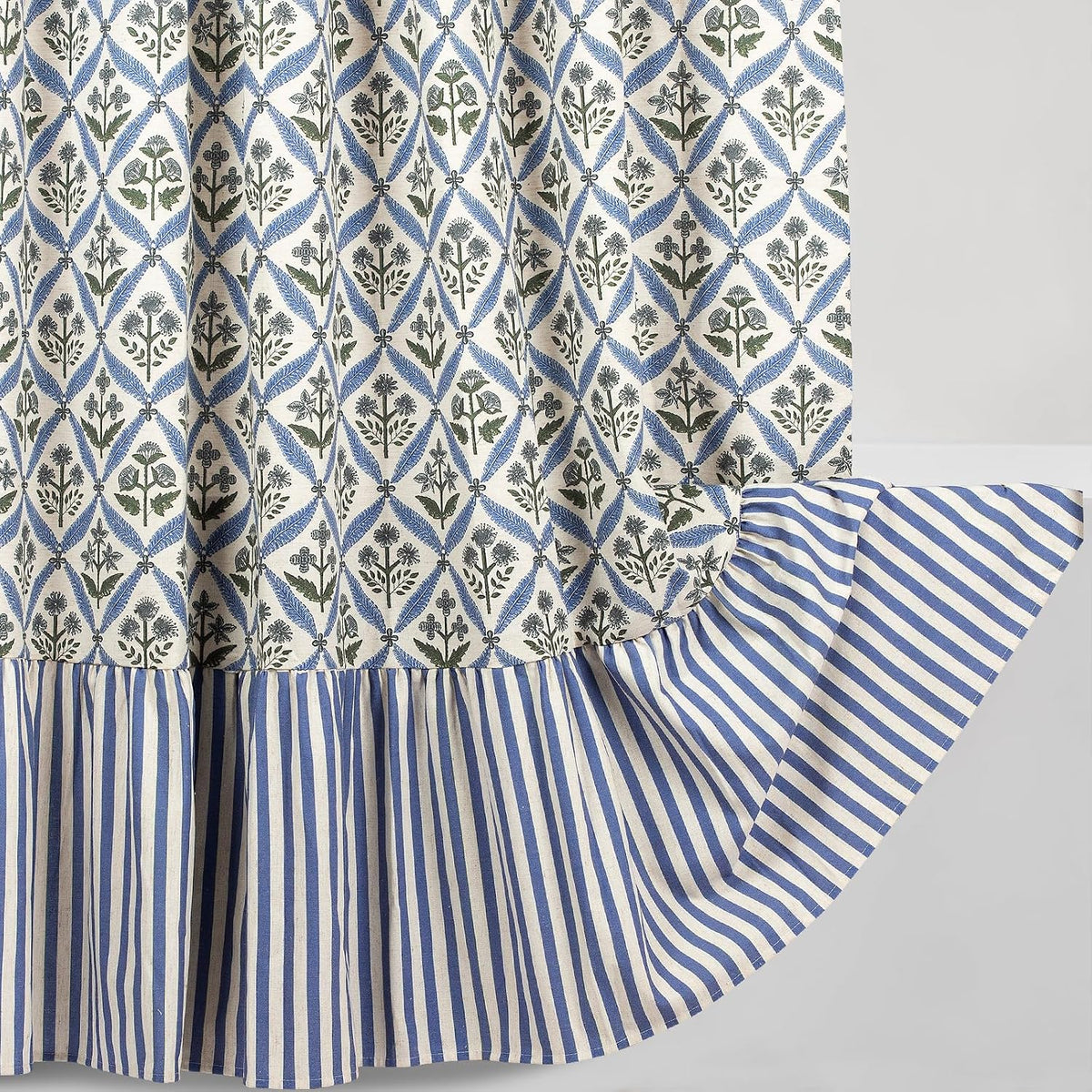 Linen Textured Ruffle Shower Curtain - Blue Vintage Floral Block Print, Boho Cottagecore Farmhouse French Country Bathroom Decor Set, 72x72 Inches