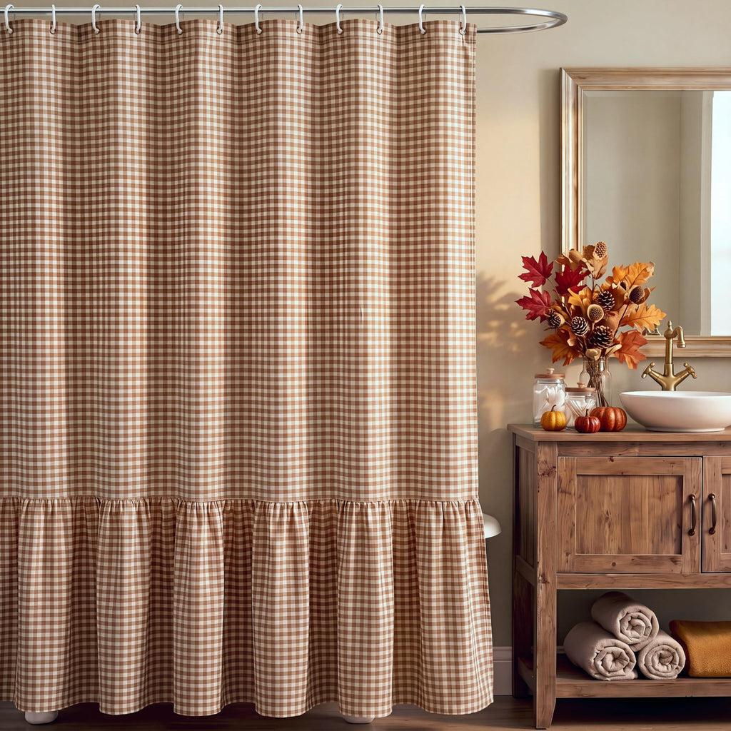 HunnmingRe Ruffled Gingham Shower Curtain Red