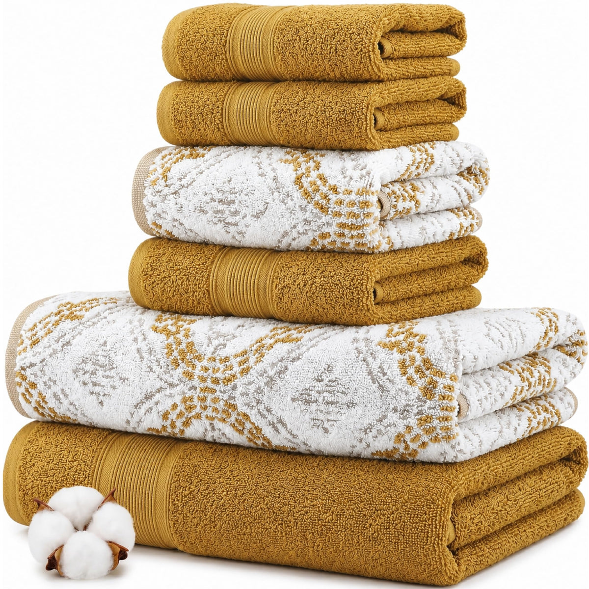 Modern Threads Capri 6-Piece Reversible Yarn Dyed Jacquard Towel Set - Bath Towels, Hand Towels, & Washcloths - Super Absorbent & Quick Dry - 100% Combed Cotton, Gold