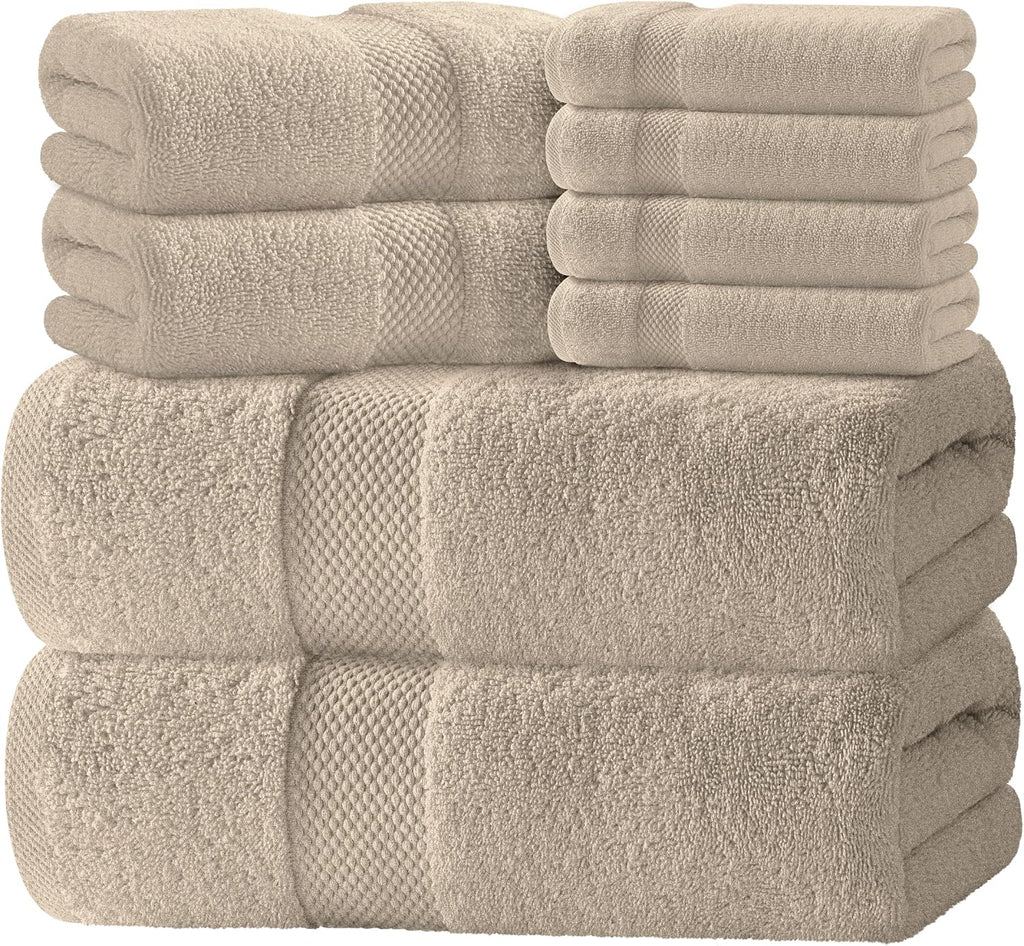 White Classic Luxury Taupe Bath Towel Set of 8 - Soft 100% Turkish Cotton