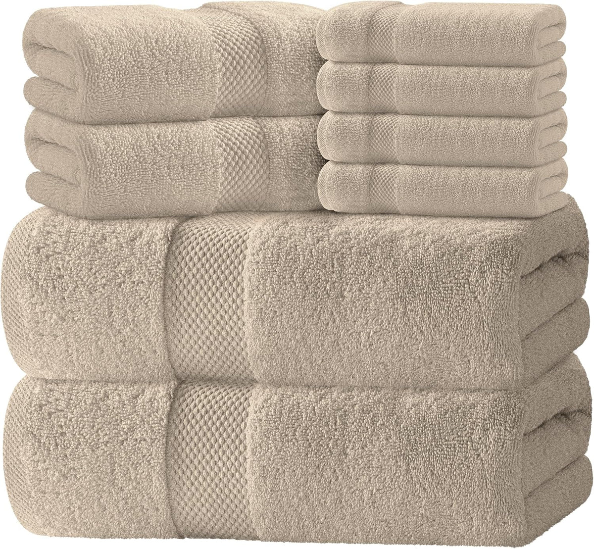 White Classic Luxury Taupe Bath Towel Set of 8 - Soft 100% Turkish Cotton
