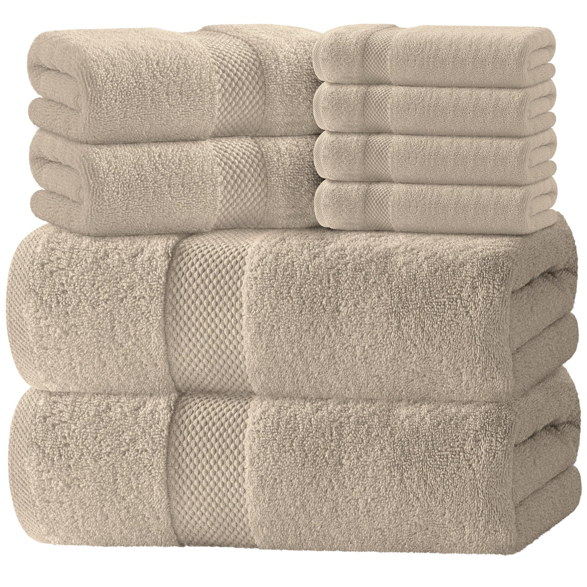 White Classic Luxury Taupe Bath Towel Set of 8 - Soft 100% Turkish Cotton