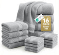 100% Cotton Bath Towels Set Soft Absorbent Quick Dry 16 Piece - Grey