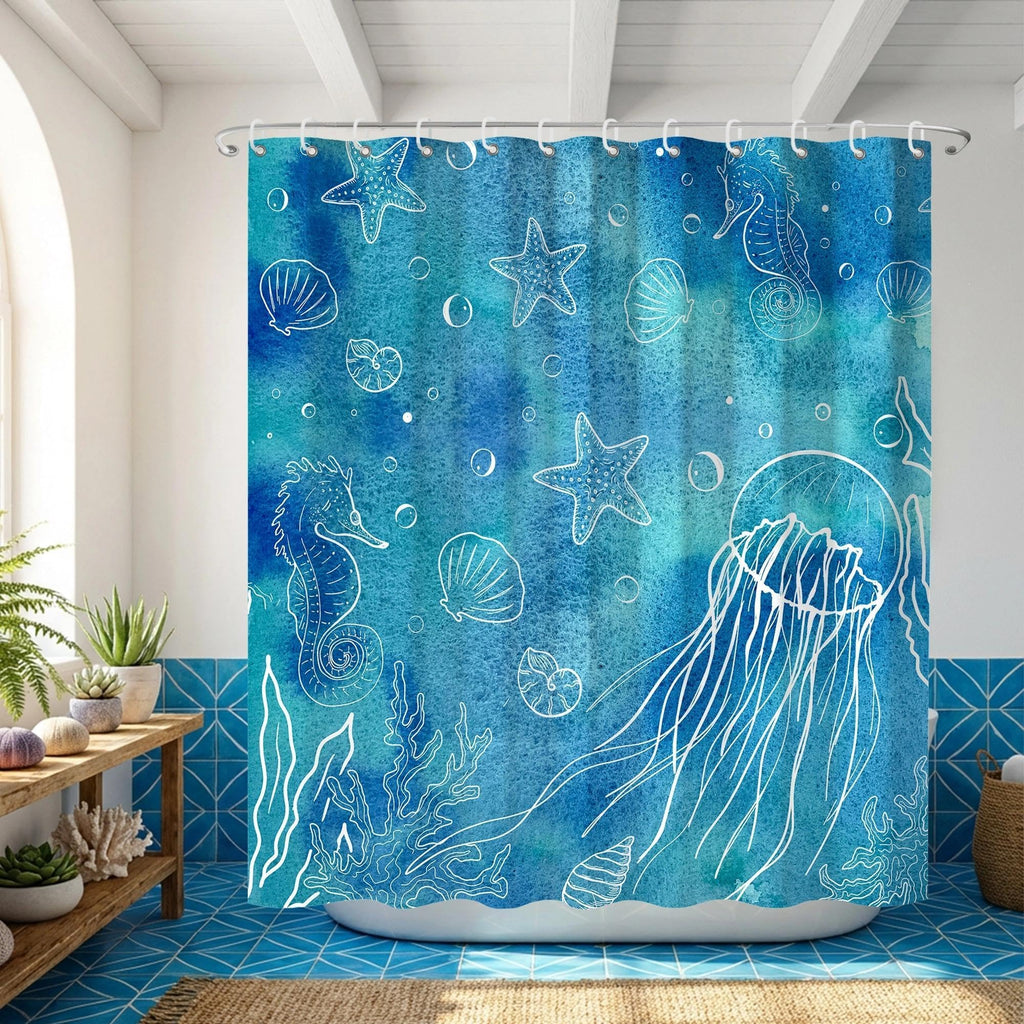 Cute Beach Ocean Anime Under Sea Jellyfish Shower Curtain 72x72 Inches