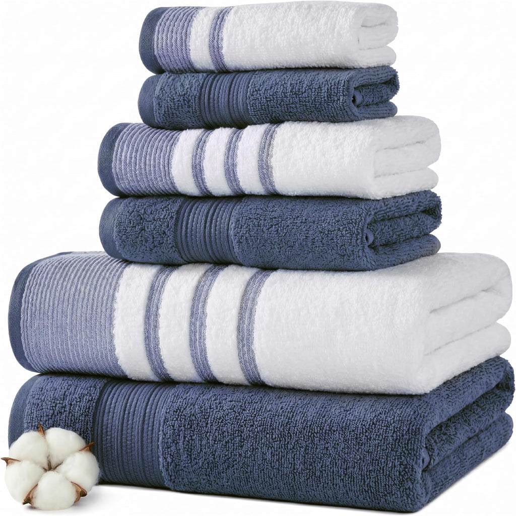 Modern Threads 6 Piece Bath Towel Set – Bathroom Towel Set with 2 Bath Towels, 2 Hand Towels & 2 Washcloths – 100% Cotton, Soft & Absorbent – Classic Border Stripe (Green)