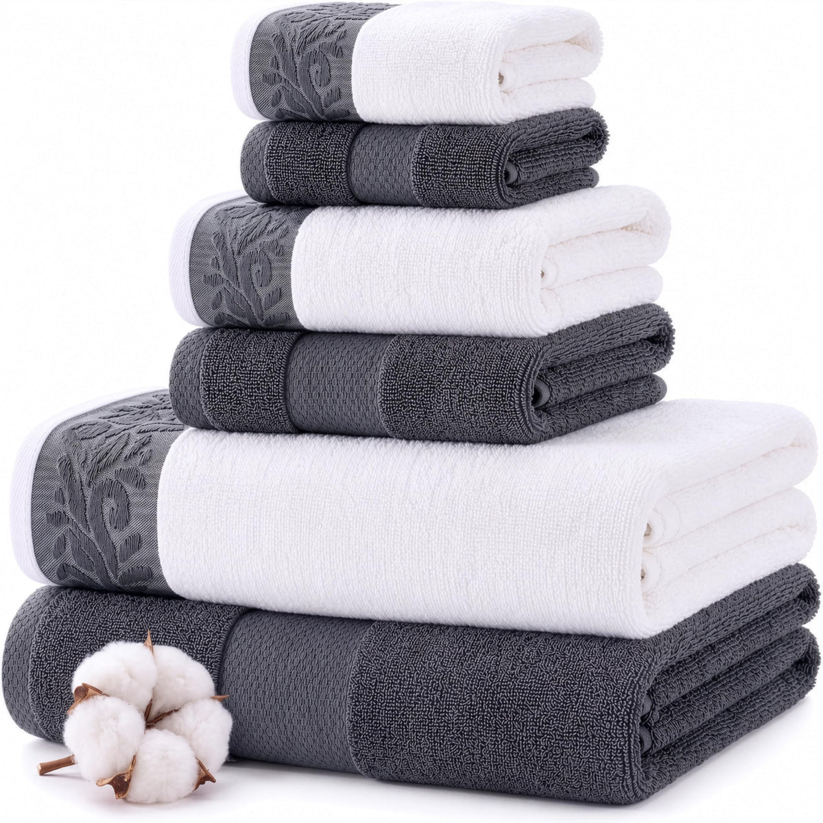 Modern Threads 6 Piece Bath Towel Set – Bathroom Towel Set with 2 Bath Towels, 2 Hand Towels & 2 Washcloths – 100% Cotton, Soft & Absorbent – Classic Border Stripe (Green)