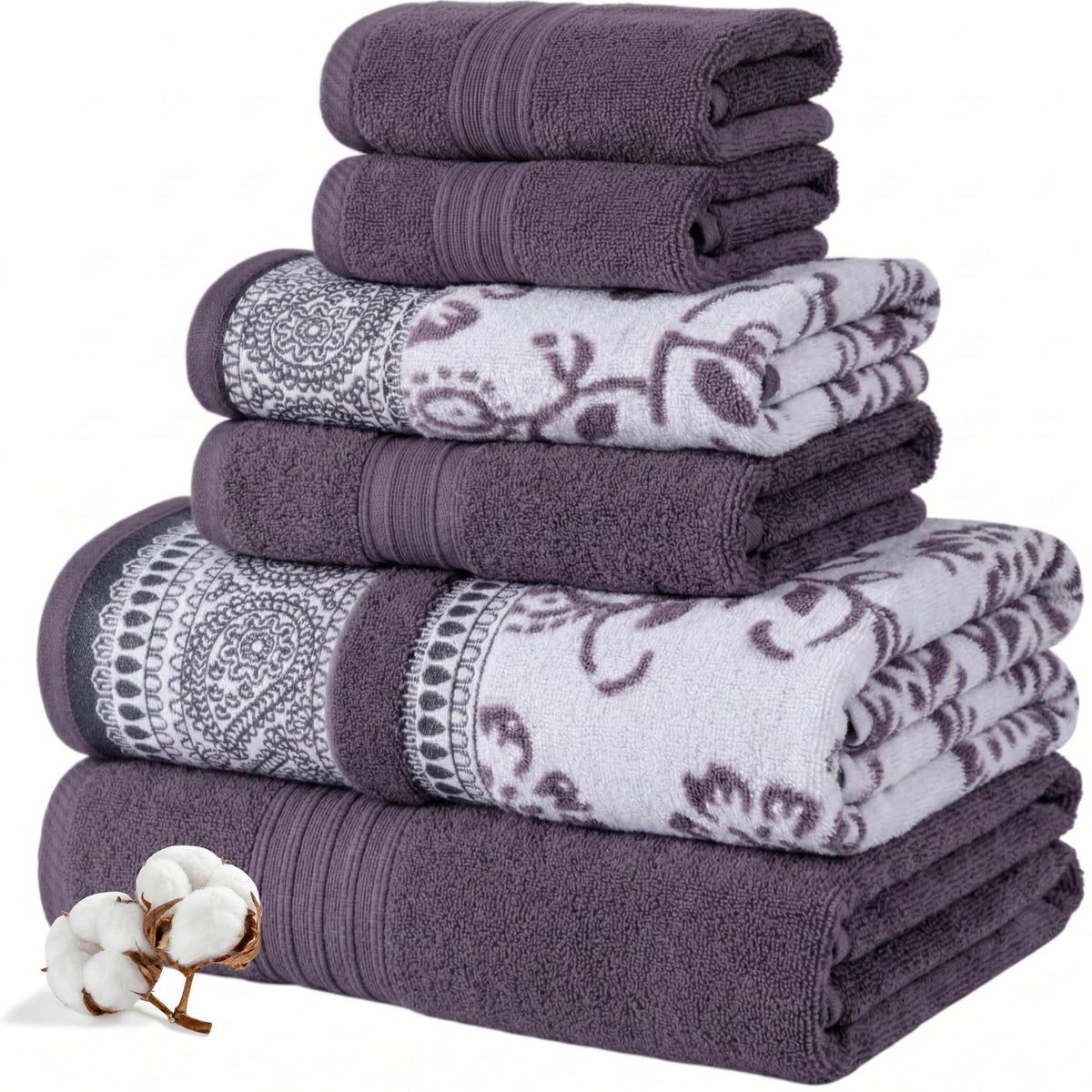 Modern Threads 6 Piece Bath Towel Set – Bathroom Set with 2 Bath Towels, 2 Hand Towels, and 2 Wash Cloths – 100% Cotton, Super Absorbent & Extra Soft – Reversible Floral Trail (Navy)