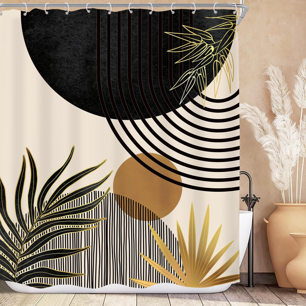 Mid Century Green Orange Boho Abstract Modern Bathroom Shower Curtain Set