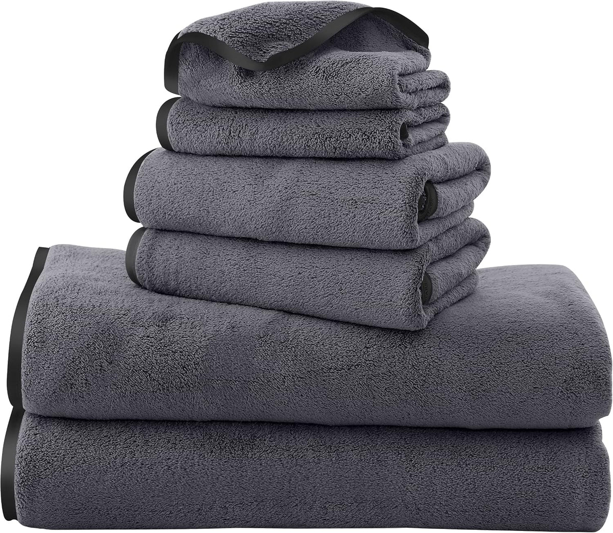TENSTARS Luxury Silk Hemming Towel Set - Light Thin Quick Drying - 2 Bath Towels 2 Hand Towels 2 Washcloths - Ultra Soft Microfiber, for Bath Fitness, Sports, Yoga, Travel (Dark Grey 6 Pieces)