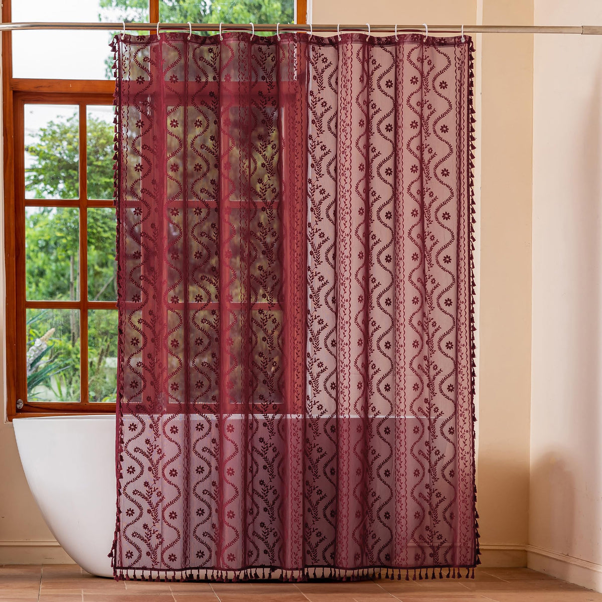 WAZZIO Terracotta Lace Shower Curtain,Boho Chic Fall Color,72 x 72 in