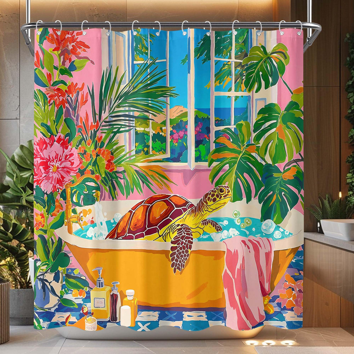 Accnicc Funny Octopus Shower Curtain Cute Boho Coastal Matisse Shower Curtains for Bathroom Green Tropical Plants Pink Decorative Unique Waterproof Fabric Bath Curtain Decor 72 X 72 Inches