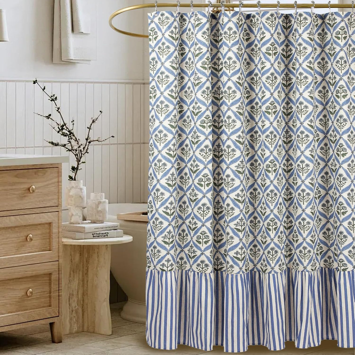 Linen Textured Ruffle Shower Curtain - Blue Vintage Floral Block Print, Boho Cottagecore Farmhouse French Country Bathroom Decor Set, 72x72 Inches