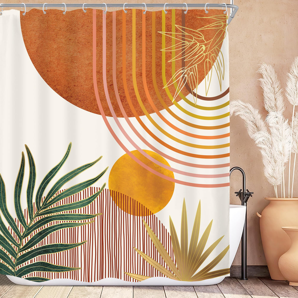 Mid Century Green Orange Boho Abstract Modern Bathroom Shower Curtain Set