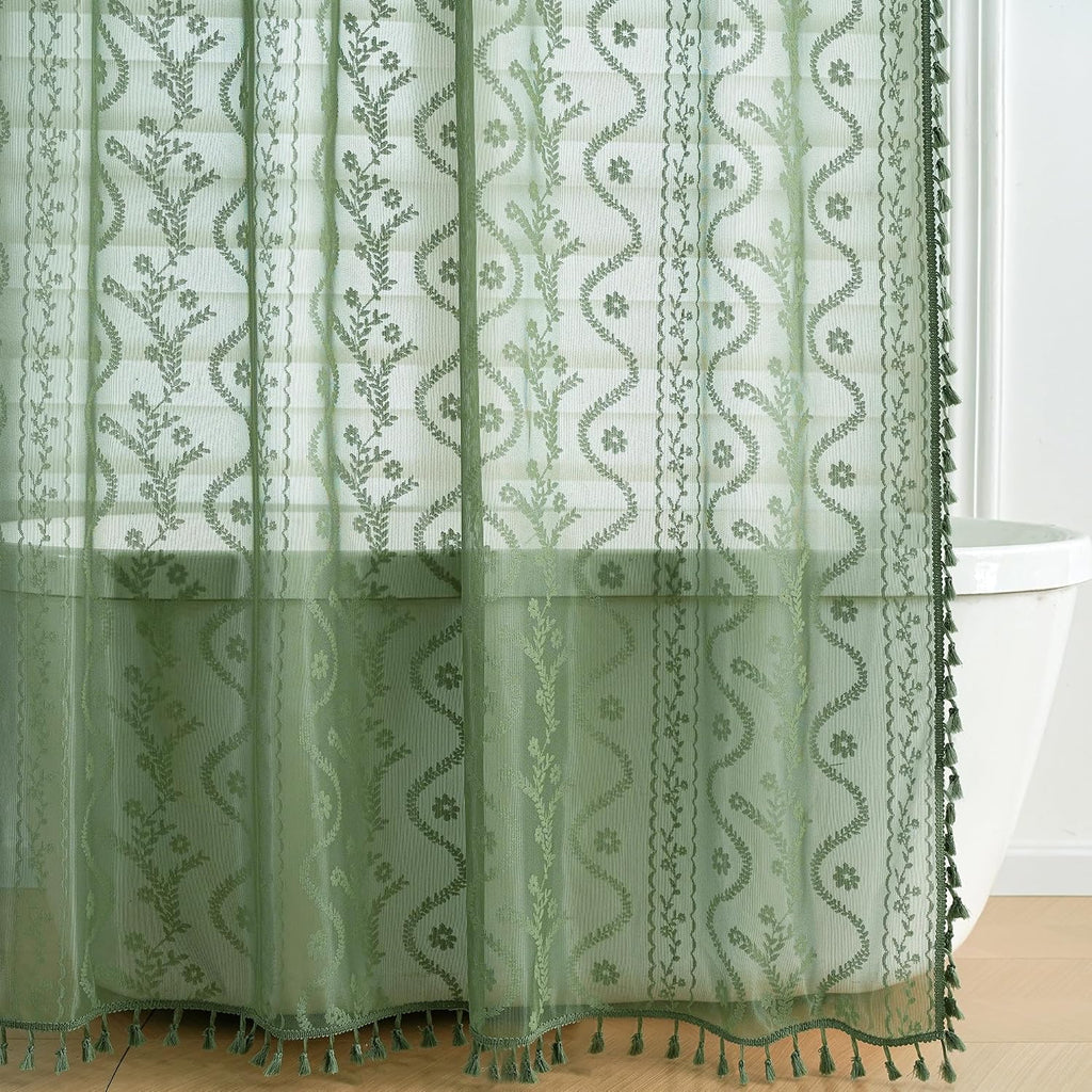 WAZZIO Dark Sage Green Lace Shower Curtain,Boho Chic Style,72 x 72 in
