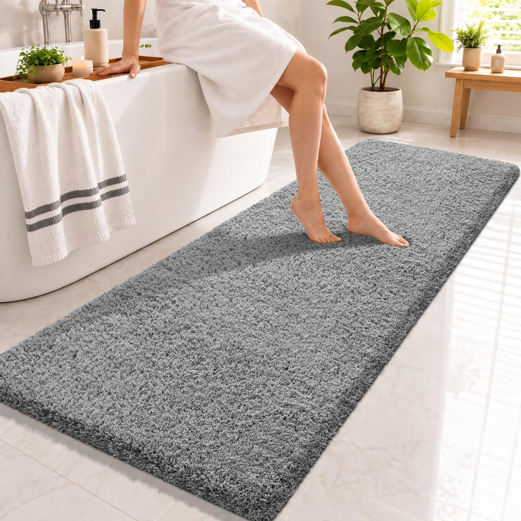 Yimobra Bathroom Rugs Non Slip Washable 32X20, Ultra Soft and Water Absorbent Bath Mats, Plush Fluffy Shower Mat Outside, Microfiber Thick Matts for Bathroom Floor/Tub, Light Gray and White
