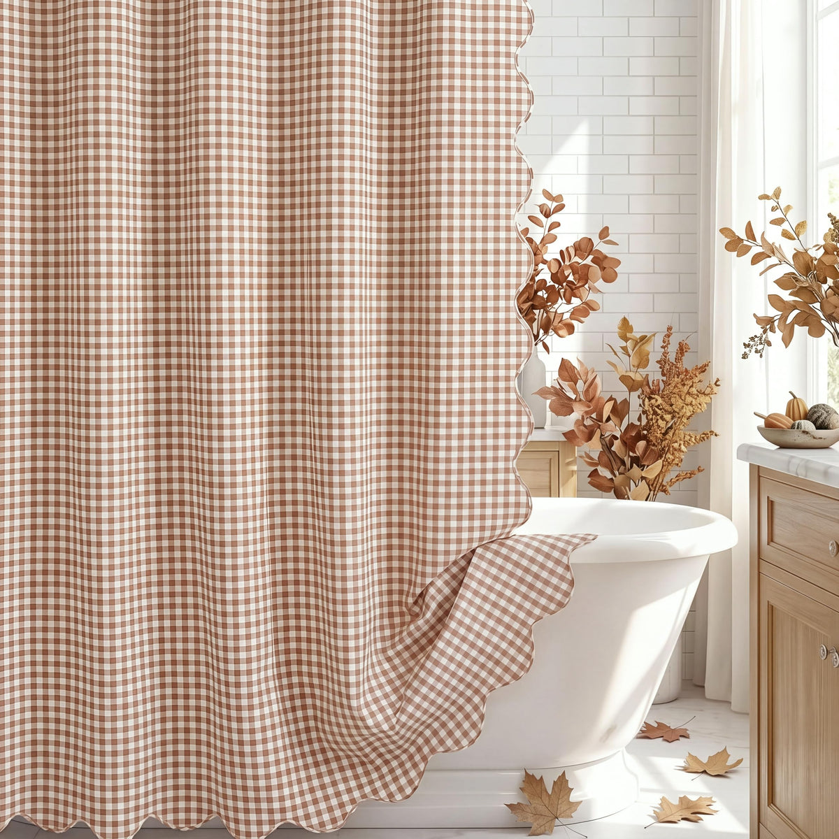 HunnmingRe Ruffled Gingham Shower Curtain Red
