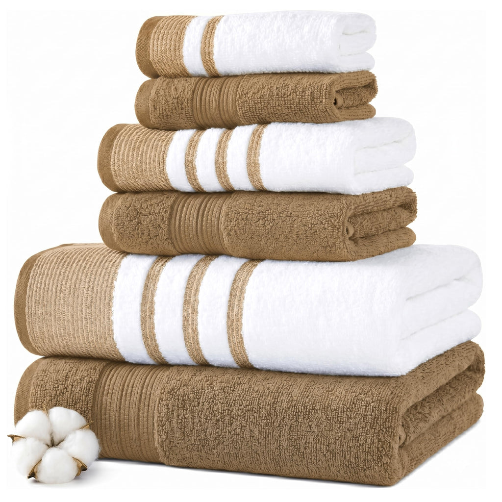 Modern Threads 6 Piece Bath Towel Set – Bathroom Towel Set with 2 Bath Towels, 2 Hand Towels & 2 Washcloths – 100% Cotton, Soft & Absorbent – Classic Border Stripe (Green)