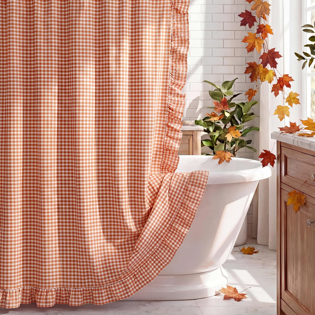 HunnmingRe Ruffled Gingham Shower Curtain Red