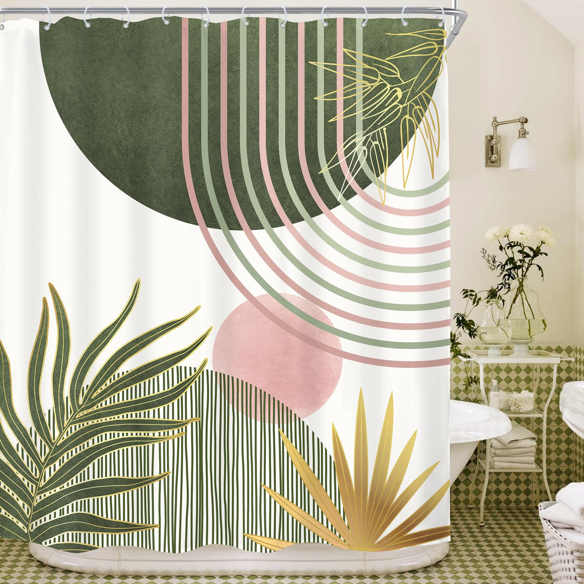 Mid Century Green Orange Boho Abstract Modern Bathroom Shower Curtain Set