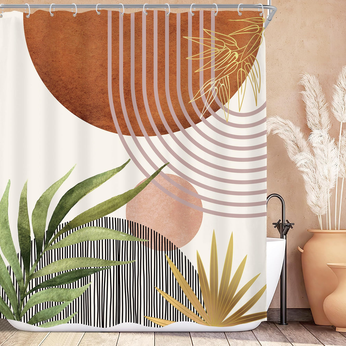 Mid Century Green Orange Boho Abstract Modern Bathroom Shower Curtain Set