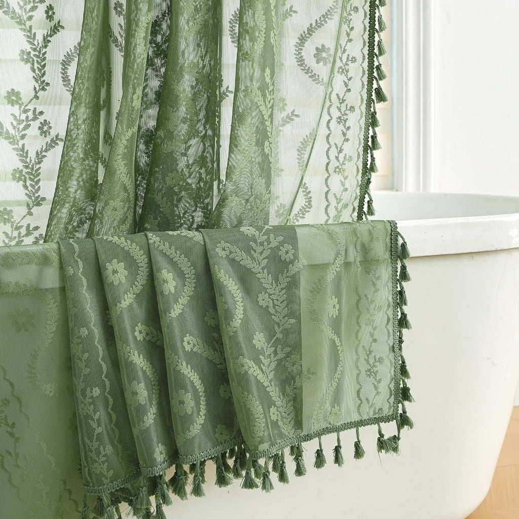 WAZZIO Dark Sage Green Lace Shower Curtain,Boho Chic Style,72 x 72 in
