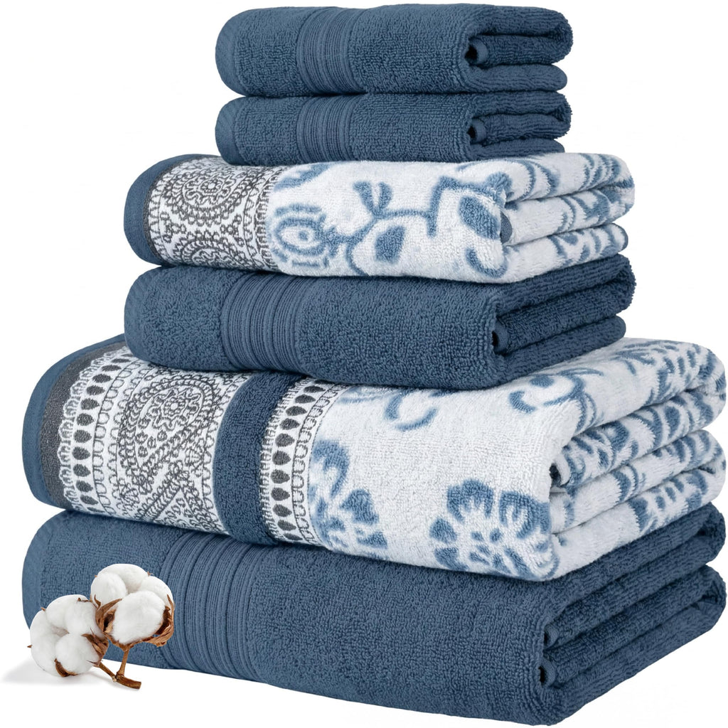 Modern Threads 6 Piece Bath Towel Set – Bathroom Set with 2 Bath Towels, 2 Hand Towels, and 2 Wash Cloths – 100% Cotton, Super Absorbent & Extra Soft – Reversible Classic Diamond (Aqua)