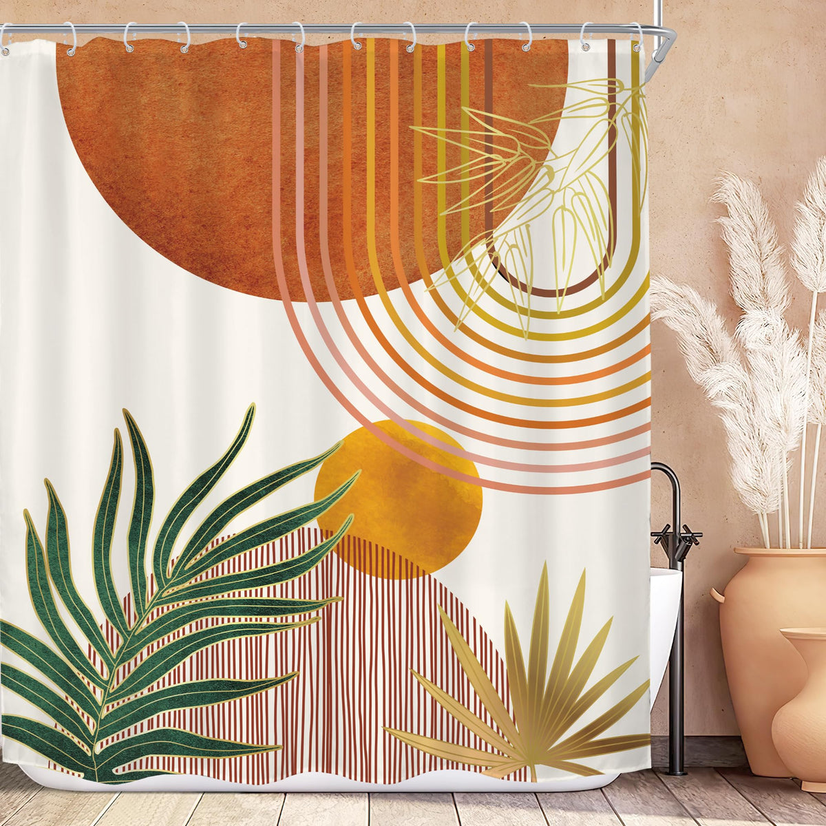 Mid Century Green Orange Boho Abstract Modern Bathroom Shower Curtain Set