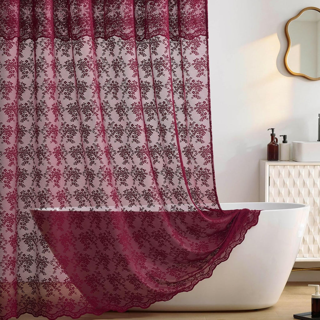 TUDECO White Lace Shower Curtain with Attached Valance 72 x 72 Inch