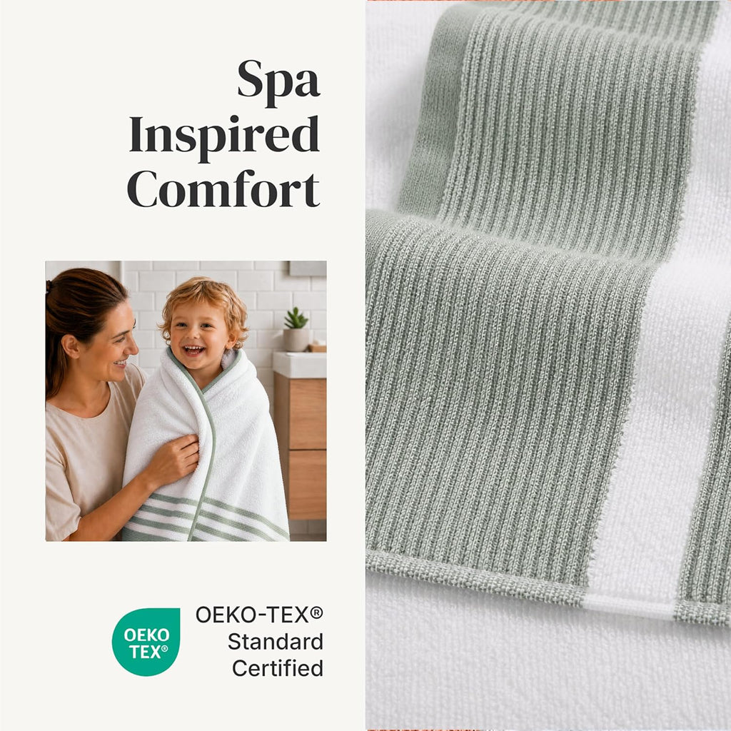 Modern Threads 6 Piece Bath Towel Set – Bathroom Towel Set with 2 Bath Towels, 2 Hand Towels & 2 Washcloths – 100% Cotton, Soft & Absorbent – Classic Border Stripe (Green)
