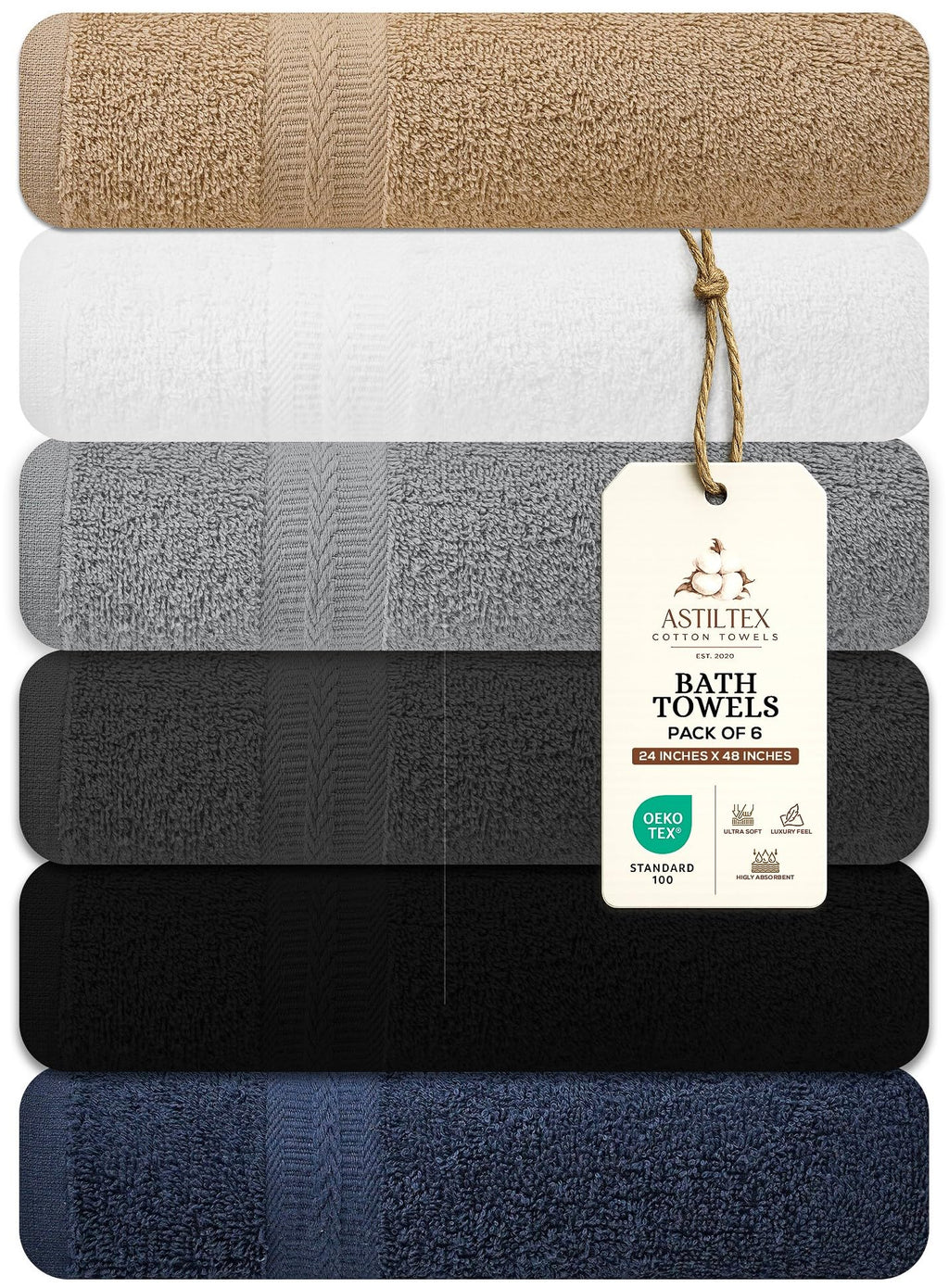 Bath Towels Pack of 6 – 24" x 48" – 100% Cotton Terry, Soft, Quick-Dry & Highly Absorbent – Navy Blue Towels for Bathroom, Spa, Gym, Hotel, Pool & Everyday Use
