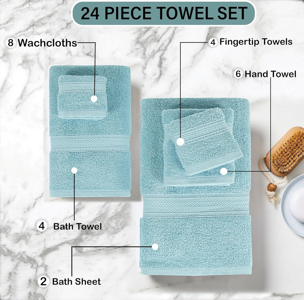 HILLFAIR 100% Cotton 24 Piece Bath Towels Set for Bathroom - Ocean Blue