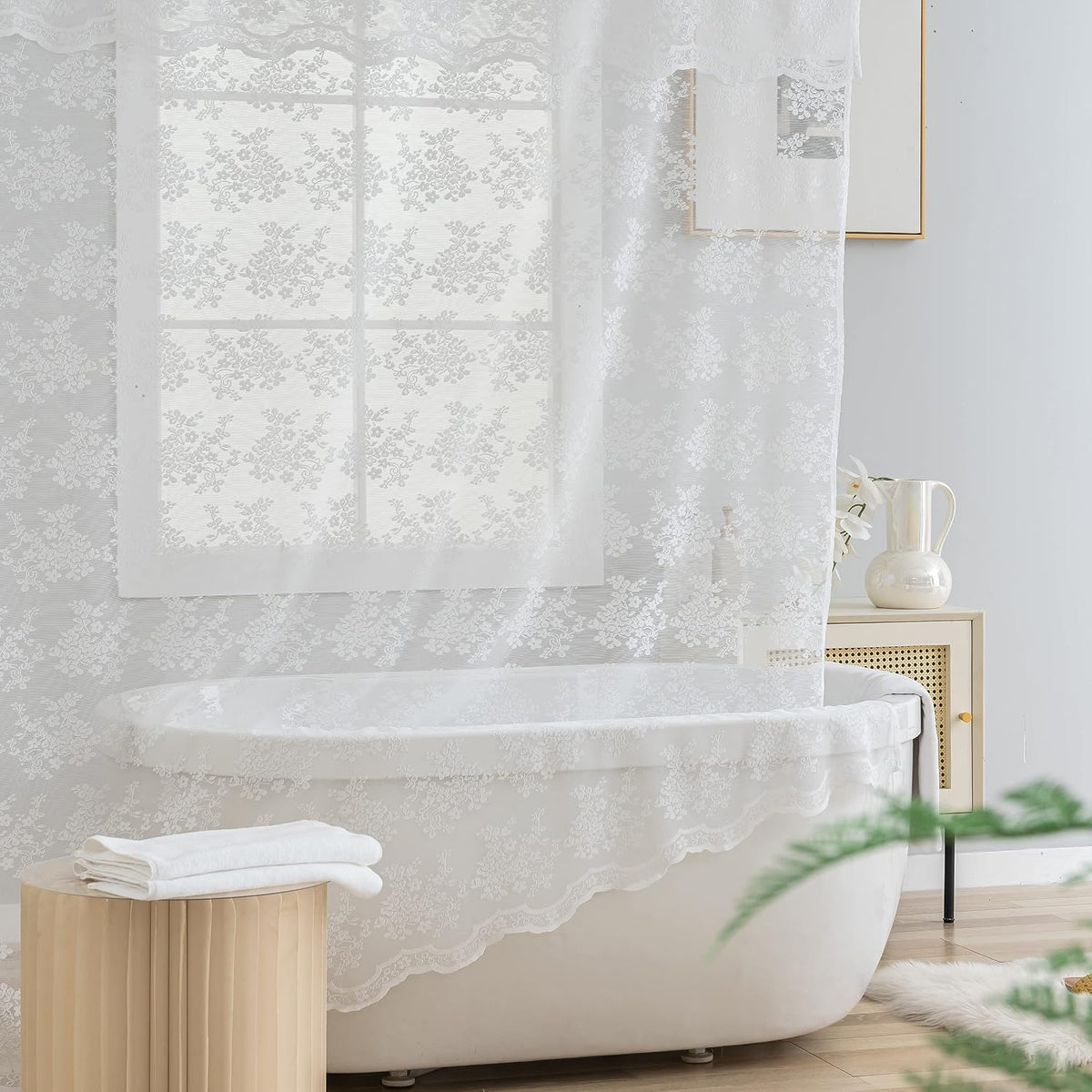 TUDECO White Lace Shower Curtain with Attached Valance 72 x 72 Inch