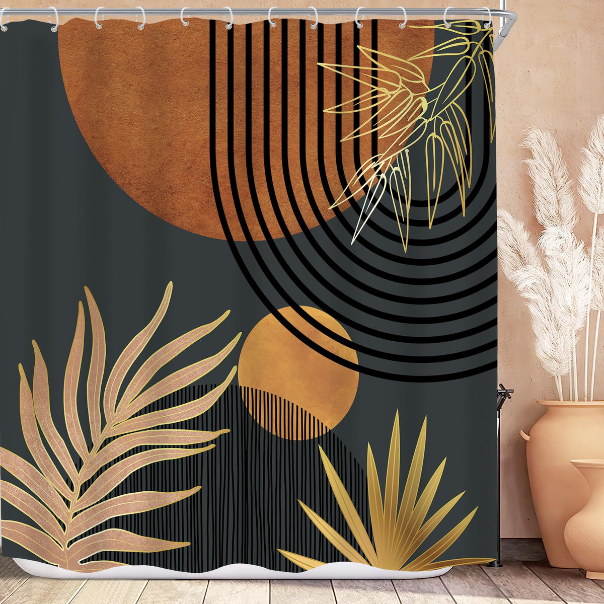 Mid Century Green Orange Boho Abstract Modern Bathroom Shower Curtain Set